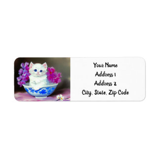 White Kitten met roze bloemen Etiket