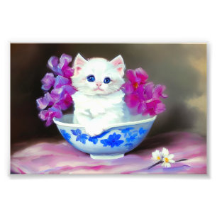  White Kitten met roze bloemen Foto Afdruk