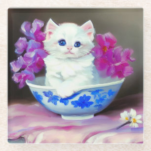 White Kitten met roze bloemen Glazen Onderzetter
