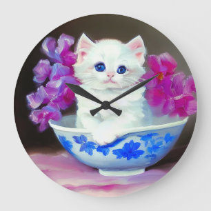 White Kitten met roze bloemen Grote Klok
