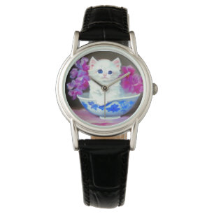  White Kitten met roze bloemen Horloge