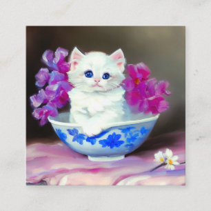  White Kitten met roze bloemen Informatiekaartje