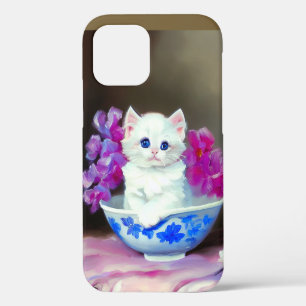  White Kitten met roze bloemen iPhone 12 Hoesje