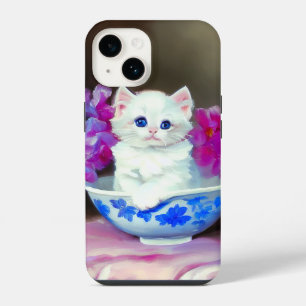  White Kitten met roze bloemen iPhone 14 Hoesje