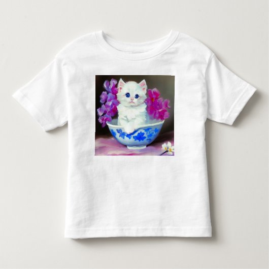 White Kitten met roze bloemen Kinder Shirts (Voorkant)