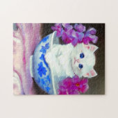 White Kitten met roze bloemen Legpuzzel (Horizontaal)