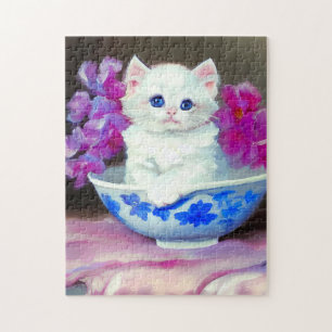 White Kitten met roze bloemen Legpuzzel