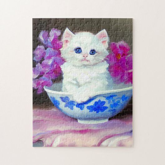 White Kitten met roze bloemen Legpuzzel (Verticaal)