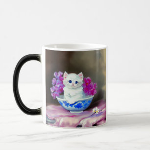 White Kitten met roze bloemen Magische Mok