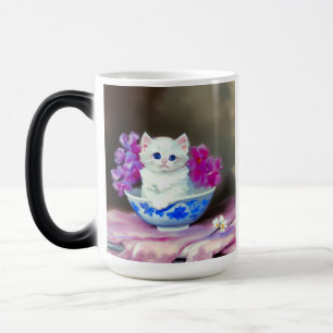 White Kitten met roze bloemen Magische Mok