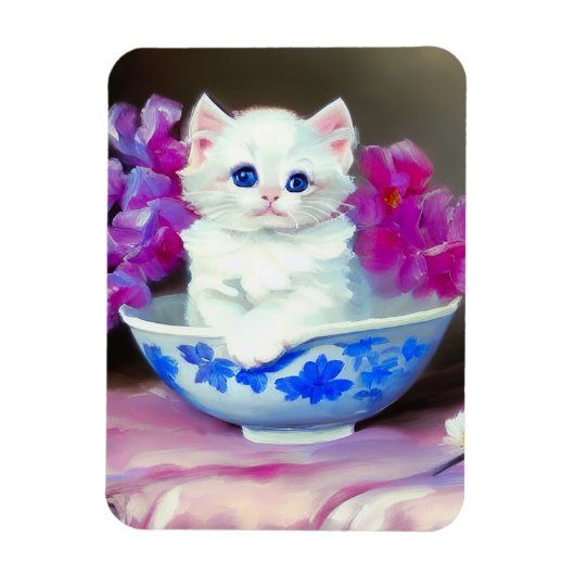 White Kitten met roze bloemen Magneet (Verticaal)