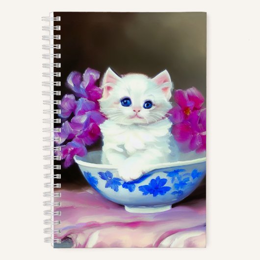  White Kitten met roze bloemen Notitieboek (Voorkant)