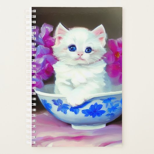  White Kitten met roze bloemen Planner (Voorkant)
