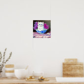 White Kitten met roze bloemen Poster (Keuken)