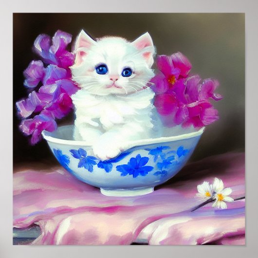 White Kitten met roze bloemen Poster (Voorkant)