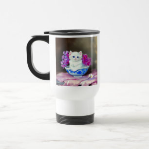 White Kitten met roze bloemen Reisbeker