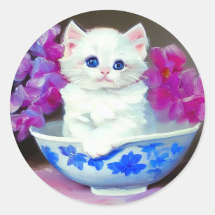 White Kitten met roze bloemen Ronde Sticker