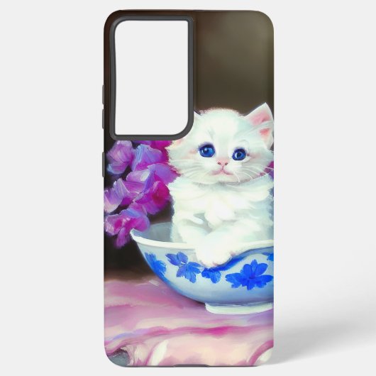  White Kitten met roze bloemen Samsung Galaxy Hoesje (Achterkant)