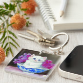White Kitten met roze bloemen Sleutelhanger (Voorkant Rechts)