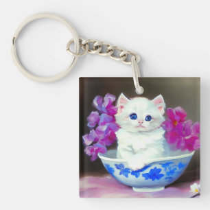  White Kitten met roze bloemen Sleutelhanger