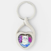  White Kitten met roze bloemen Sleutelhanger (Voorkant)