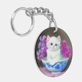  White Kitten met roze bloemen Sleutelhanger (Voorkant Links)
