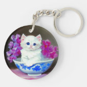  White Kitten met roze bloemen Sleutelhanger (Achterkant)