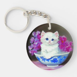 White Kitten met roze bloemen Sleutelhanger