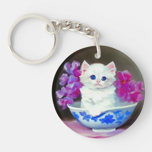  White Kitten met roze bloemen Sleutelhanger (Voorkant)