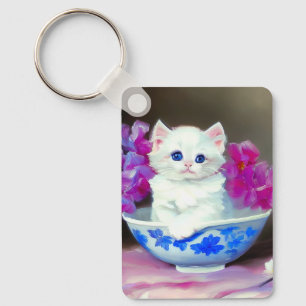  White Kitten met roze bloemen Sleutelhanger