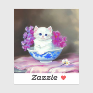  White Kitten met roze bloemen Sticker