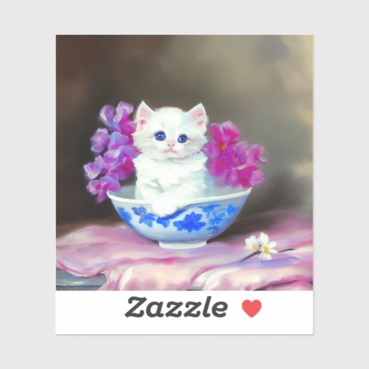  White Kitten met roze bloemen Sticker (Vel)