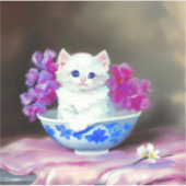  White Kitten met roze bloemen Sticker (Voorkant)
