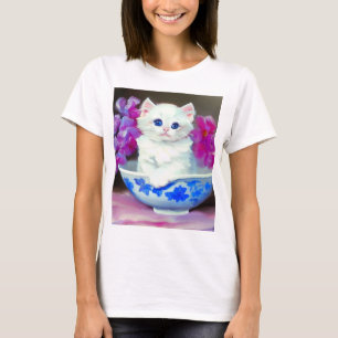 White Kitten met roze bloemen T-shirt