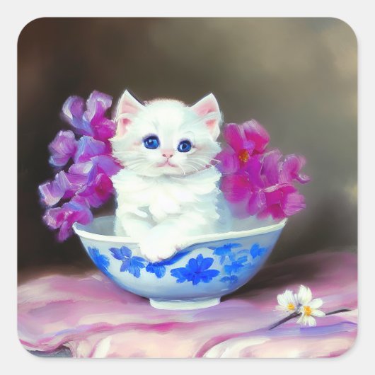  White Kitten met roze bloemen Vierkante Sticker (Voorkant)