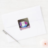  White Kitten met roze bloemen Vierkante Sticker (Envelop)