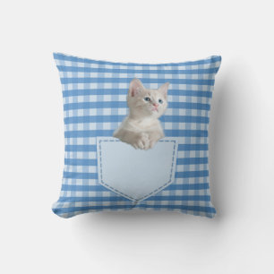 White Kitten pocket blauw check grappige illusie 3 Kussen