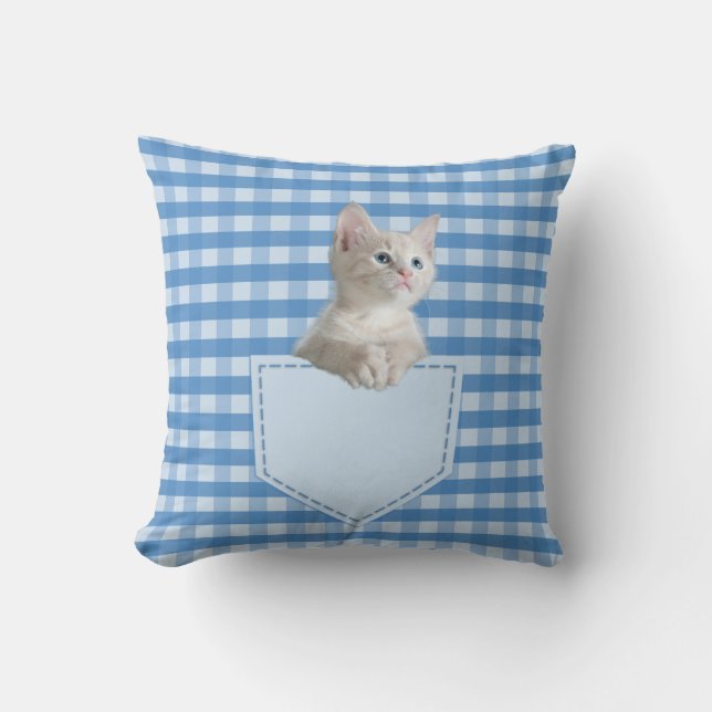 White Kitten pocket blauw check grappige illusie 3 Kussen (Voorkant)