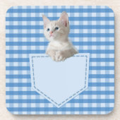 White Kitten pocket blauw grappige illusie 3D-graf Bier Onderzetter (Voorkant)
