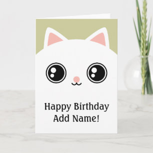 White Kitty Cat Face Happy Birthday-kaart Kaart