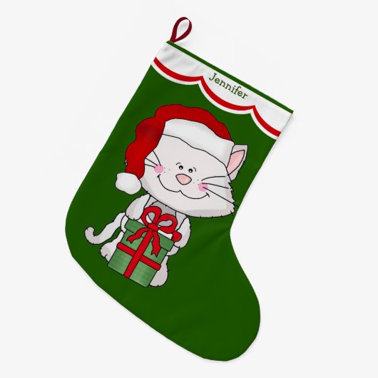 White Kitty Cat Grote Kerstsok (Voorkant (Hangend))