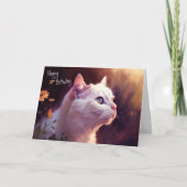 White Kitty Cat met Flowers + Butterfly Birthday Kaart (Voorkant)