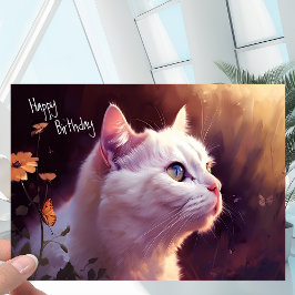 White Kitty Cat met Flowers + Butterfly Birthday Kaart