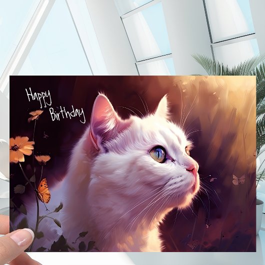 White Kitty Cat met Flowers + Butterfly Birthday Kaart