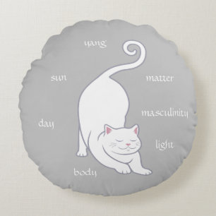 White Kitty Cat Yoga & Text on Silver Grey Rond Kussen