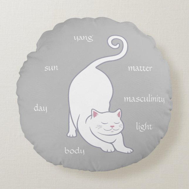 White Kitty Cat Yoga & Text on Silver Grey Rond Kussen (Voorkant)