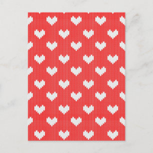 White Knit Hearts Pattern on Red Love Briefkaart