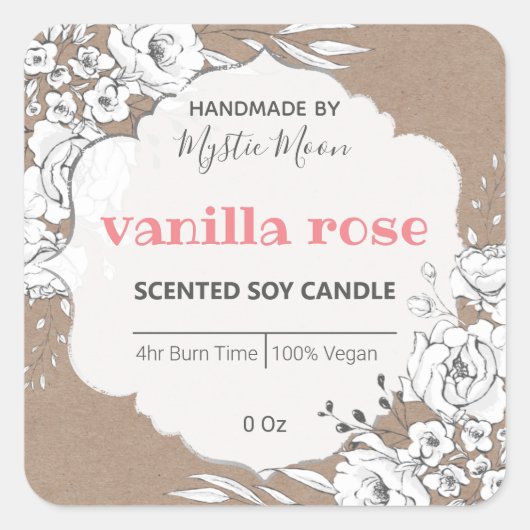 White Kraft Floral Soy Candle Label (Voorkant)