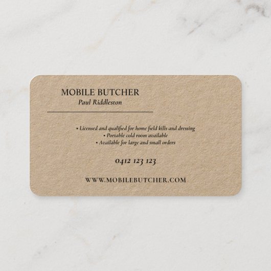 White & Kraft Mobiele slager veehouder Visitekaartje (Achterkant)
