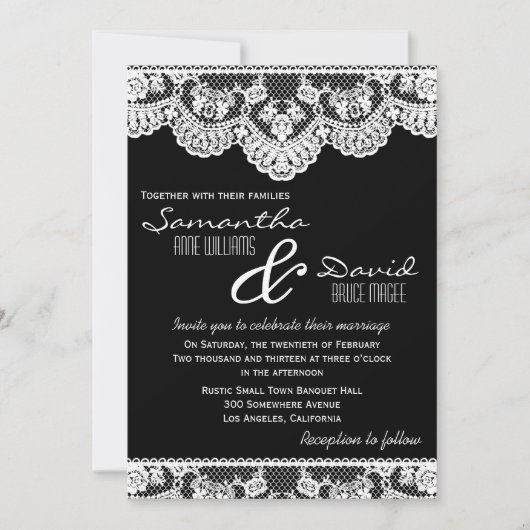White Lace and Black Wedding Invitation Kaart (Voorkant)